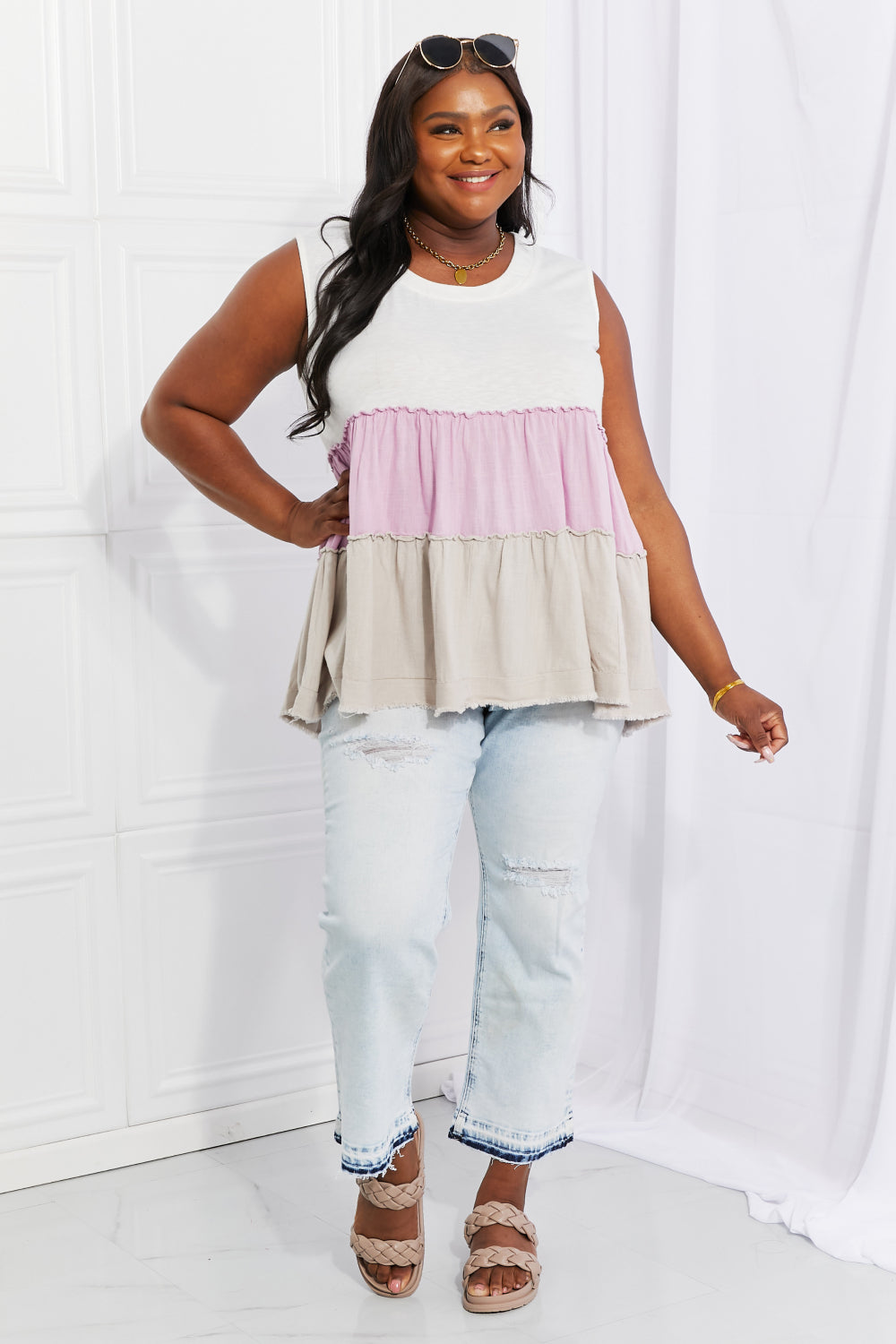 SUNSET MOMENTS COLOR BLOCK BABYDOLL TOP