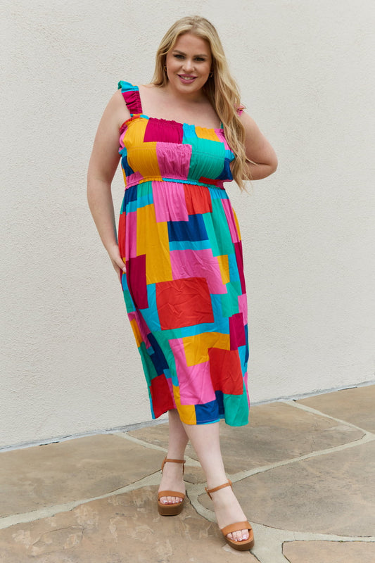 SPRING HOLIDAY MULTICOLORED SQUARE PRINT DRESS