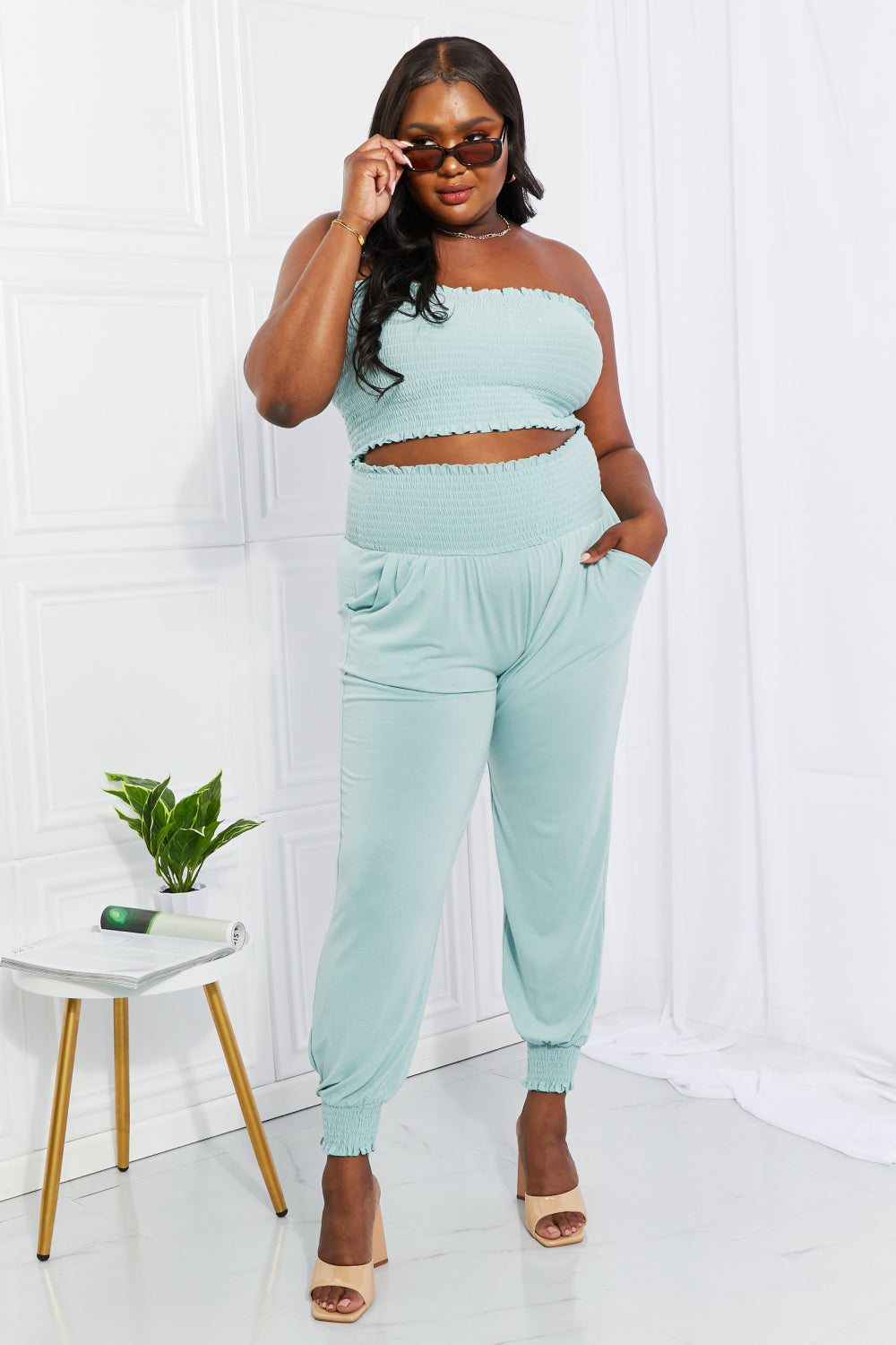 DROP IT DOWN SMOCKED TUBE TOP & JOGGERS SET