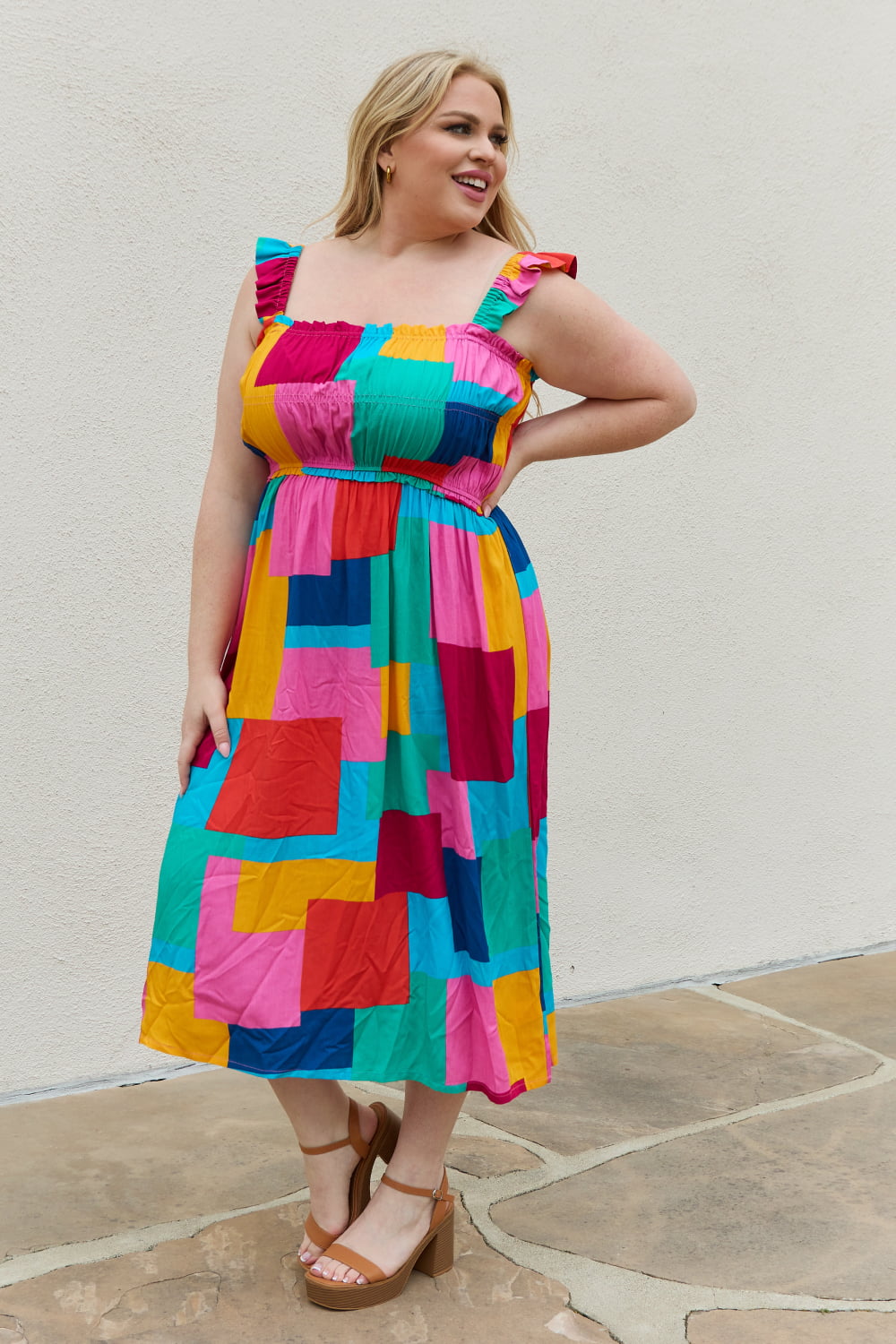 SUMMER HOLIDAY MULTICOLORED SQUARE PRINT DRESS