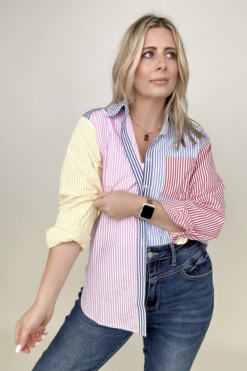 ROCK WITH YOU STRIPE BUTTON FRONT TOP