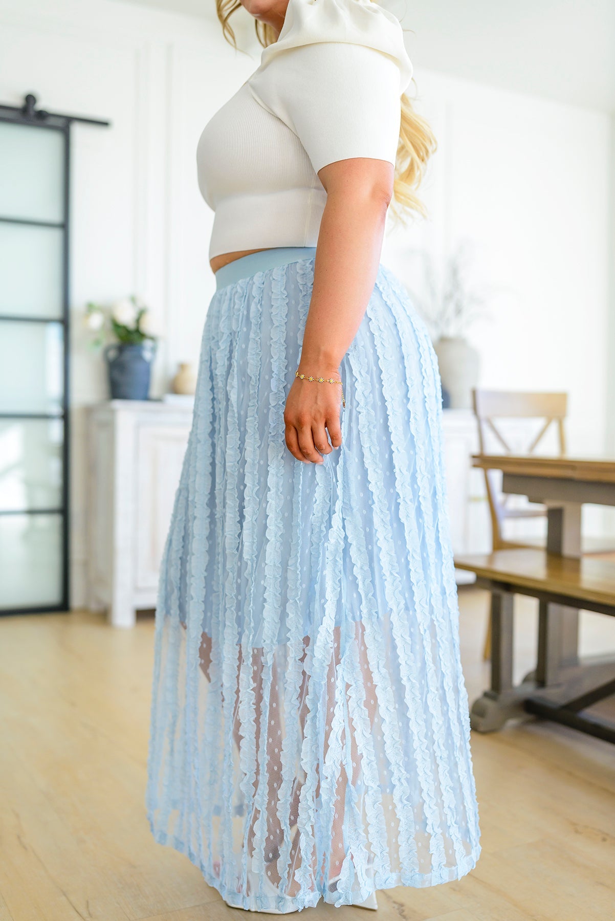 BLUE SUMMER SKY RUFFLE A-LIN SKIRT