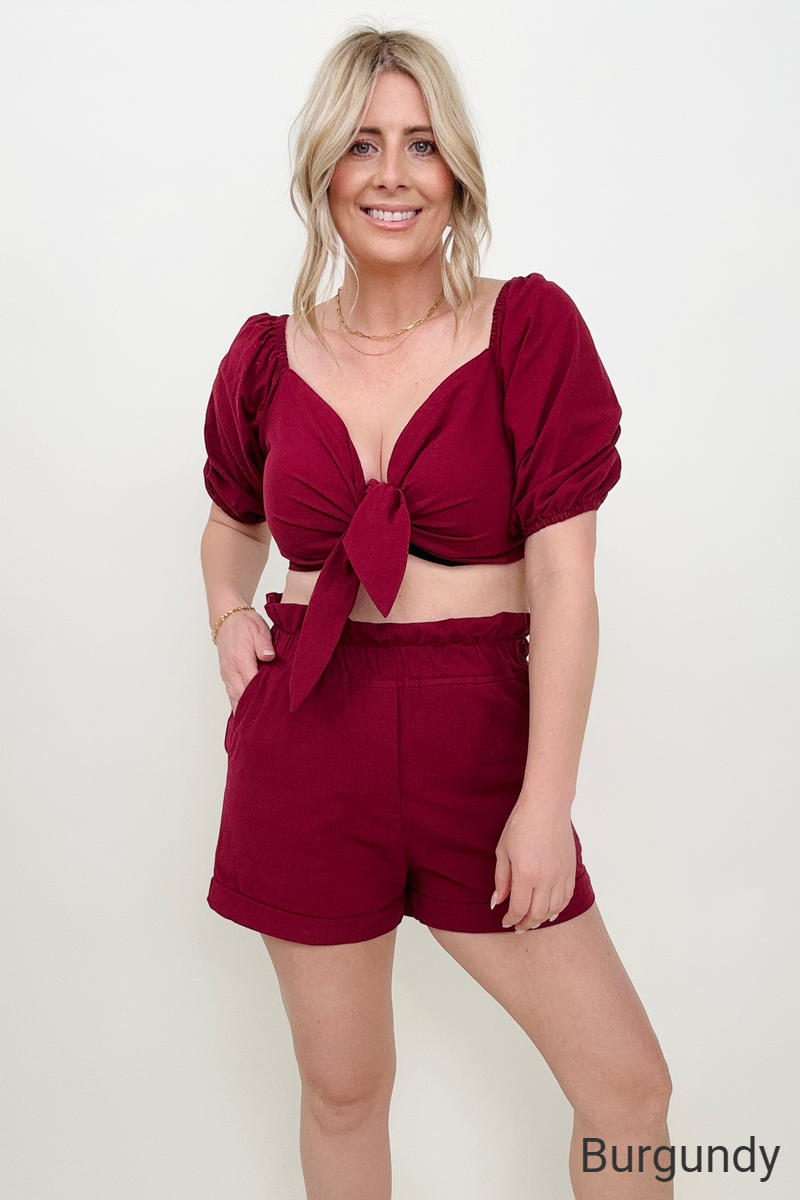 BE MINE NOW KNOT FRONT CROPPED TOP AND SHORTS SET