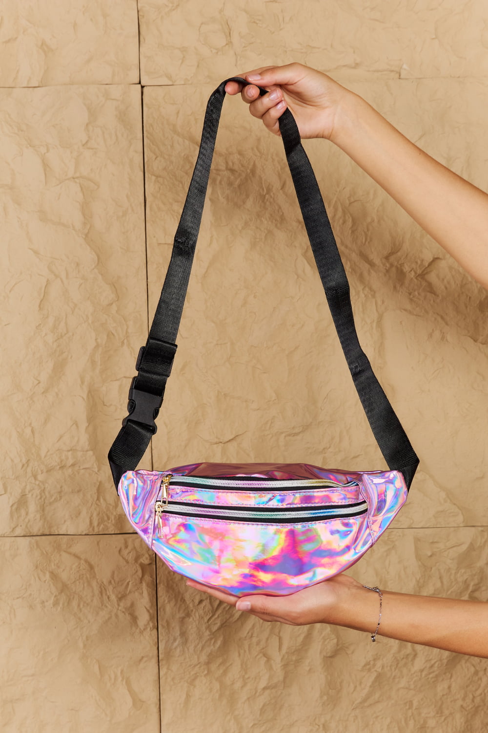 IF YOU'RE TOO SHY HOLOGRAPHIC DOUBLE ZIPPER BAG