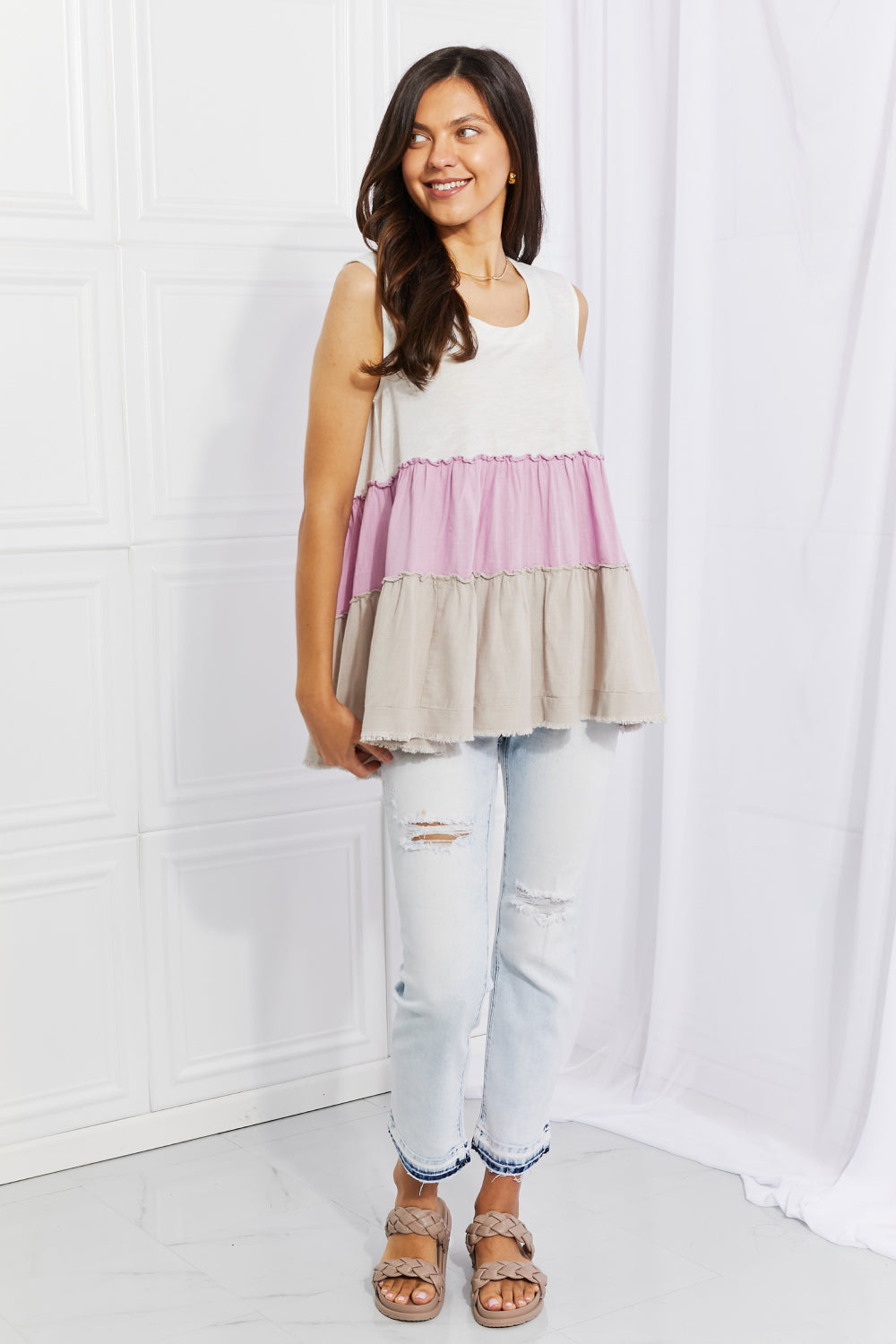 SUNSET MOMENTS COLOR BLOCK BABYDOLL TOP